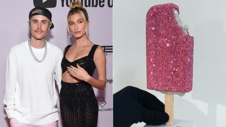 Justin and Hailey Bieber on the red carpet, and a pink and white crystal Dreamsicle