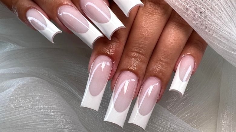 Long square-tipped French nails