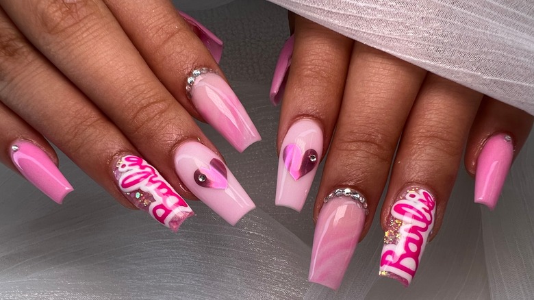 Pink Barbie-themed manicure