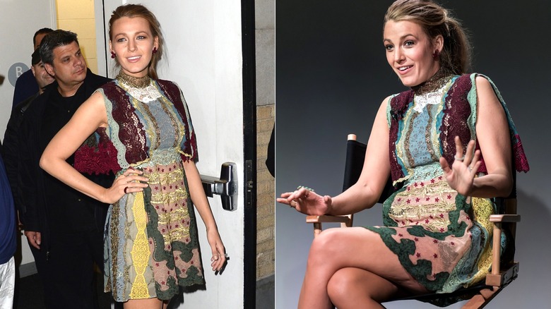 Blake Lively in patchwork lace minidress