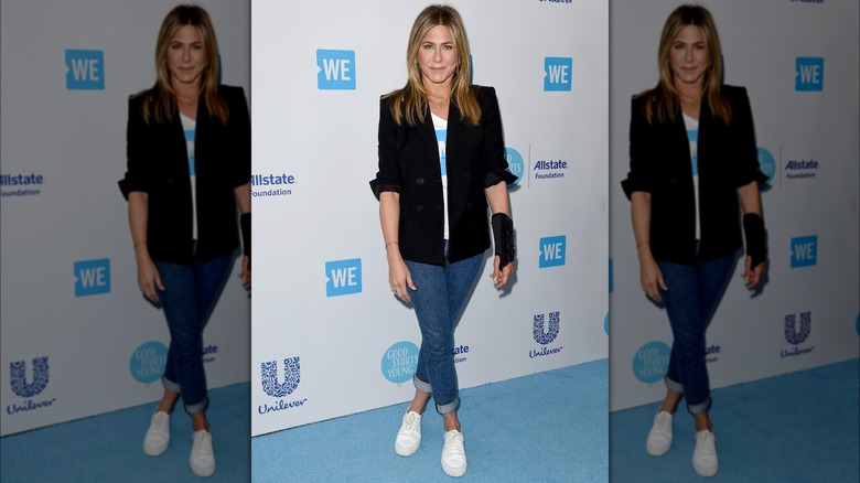 Jennifer Aniston blazer and sneakers