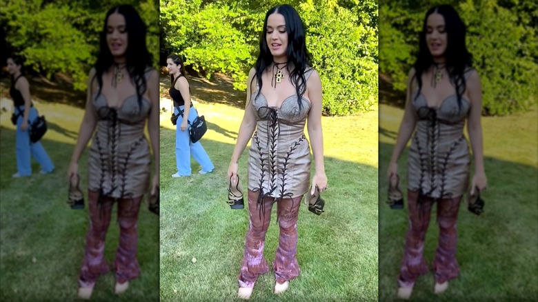 Katy Perry in lace-up dress and leggings