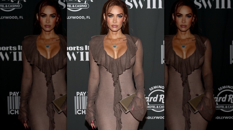 Megan Fox wearing mesh brown dress 