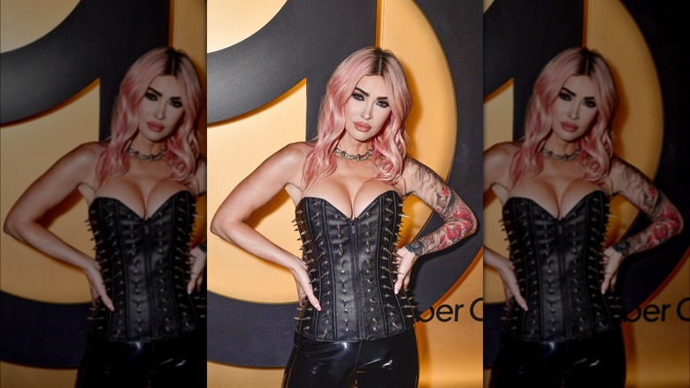 Megan Fox wearing leather spiked corset