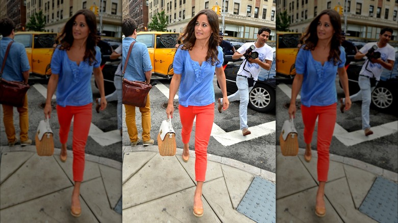 Pippa Middleton wearing orange skinny jeans