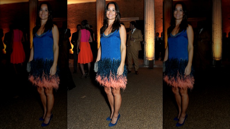 Pippa Middleton wearing blue feathered dress