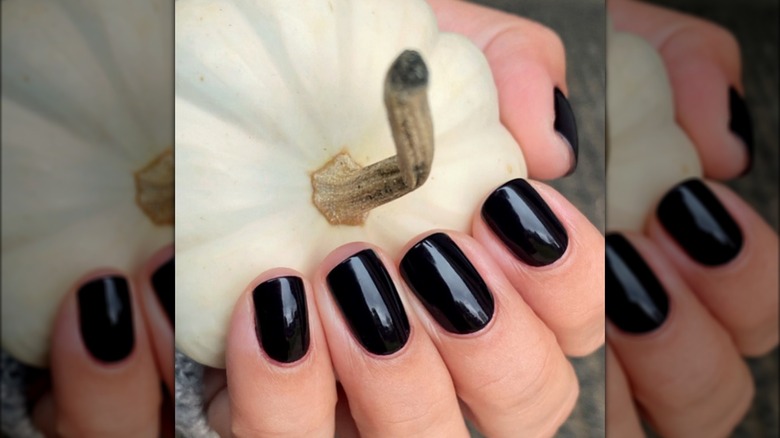 Manicured hand holding a white pumpkin