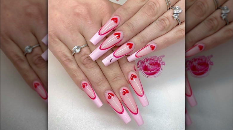 Pink and red hearts manicure
