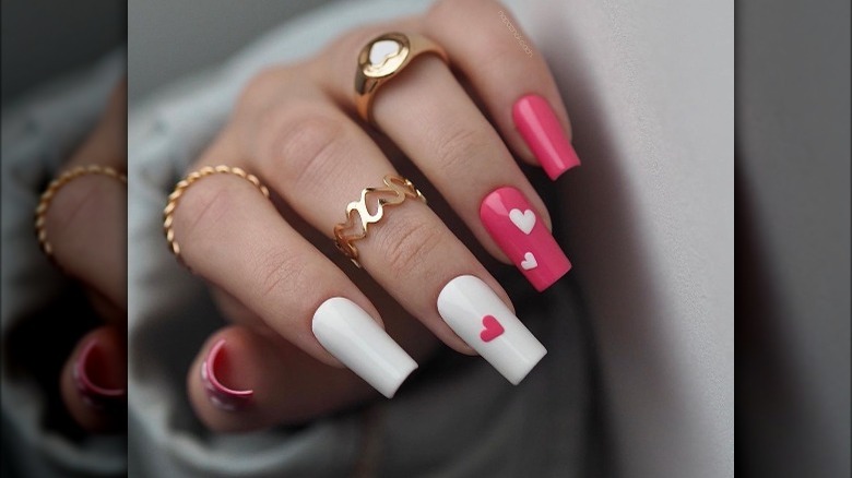 Pink and white hearts nails