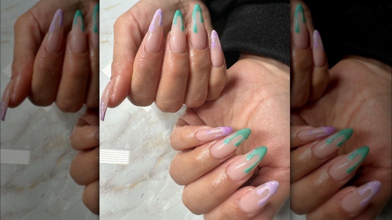 Almond nails with pastel dripping tips 