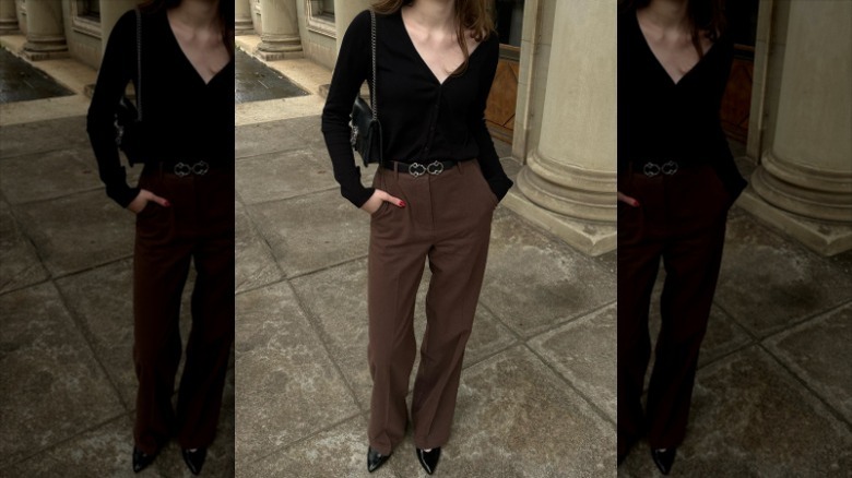 Black top and brown pants