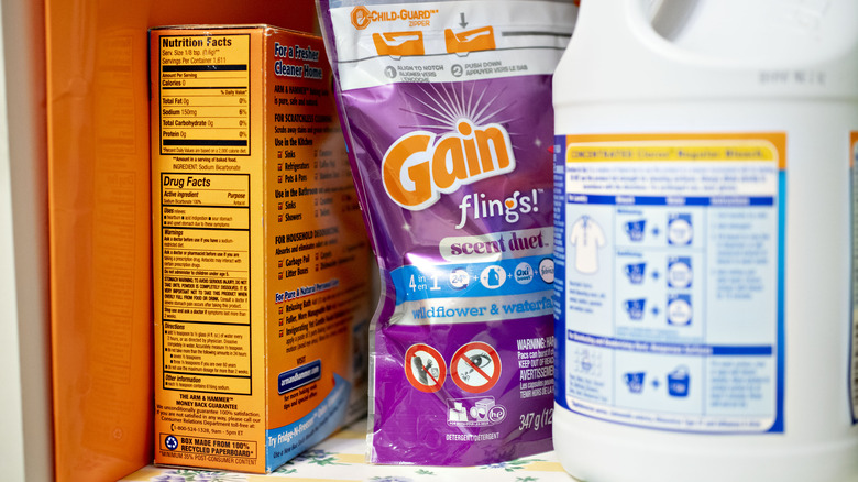 Laundry products in a cabinet