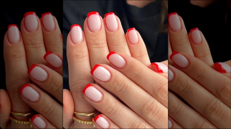 Short red tip French manicure