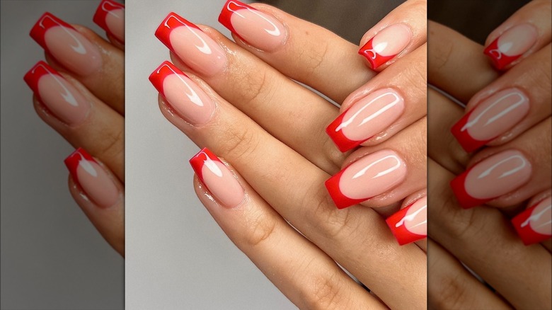 Square red French tip manicure