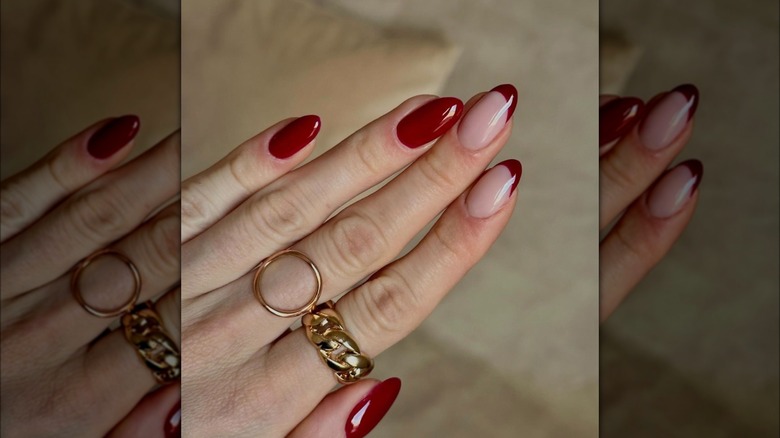 Deep red French tip accent nails