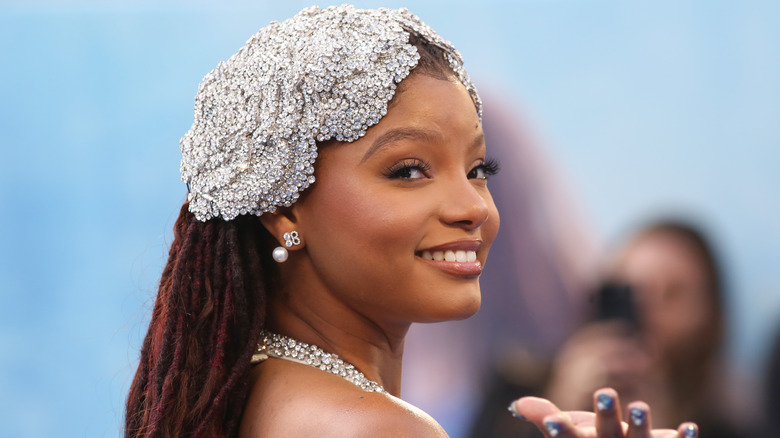 Halle Bailey silver headpiece red hair