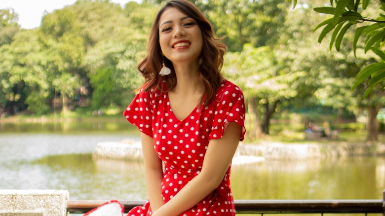 red and white polka-dot dress