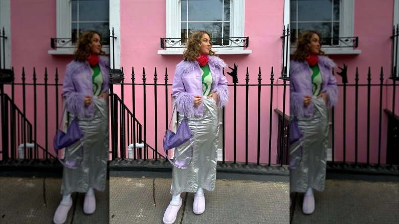 Person in purple clogs, skirt