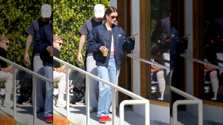 Hailey Bieber in wide-leg jeans