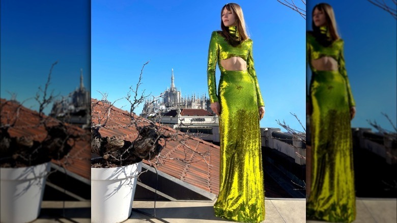 Model wearing acid green dress