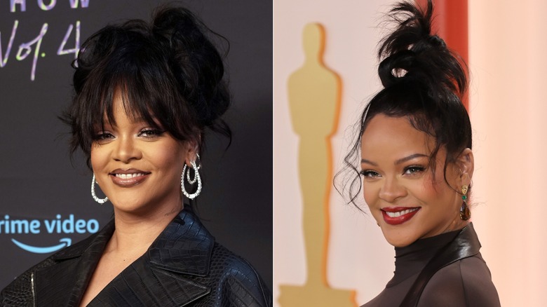 Rihanna smiling with updo hair