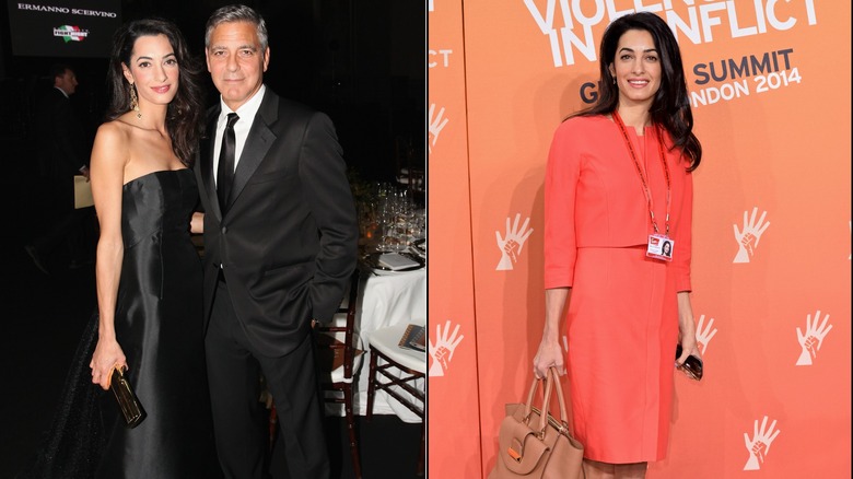 Amal and George Clooney, and Amal Clooney posing on the red carpet