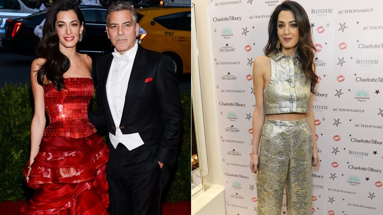 Amal Clooney wearing silver outfit, next to an image of Amal Clooney in a red dress posing with George Clooney