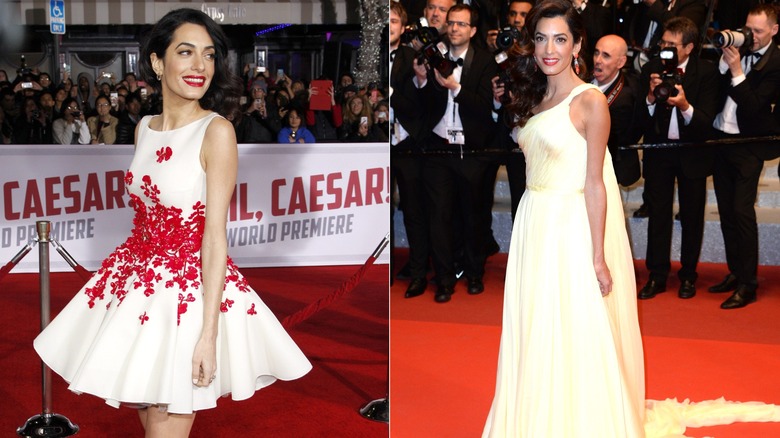 Amal Clooney in a yellow gown on the red carpet, and in a white short dress with red detailing