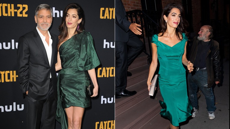 Amal Clooney wearing green while posing next to George Clooney, and then wearing teal by herself