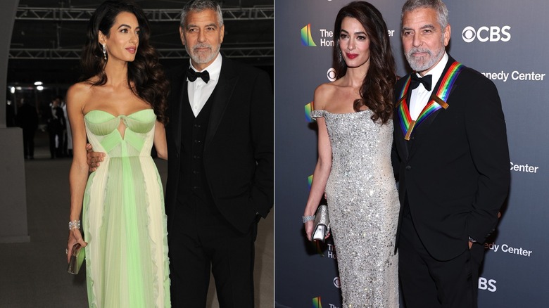 Amal Clooney holding clutches in two pictures with George Clooney