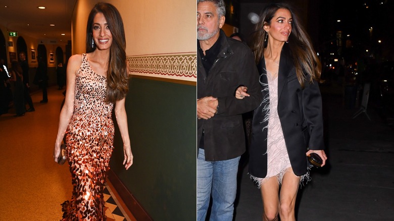 Amal Clooney walking in a sequin dress and also walking with george Clooney, wearing a pink dress and blazer