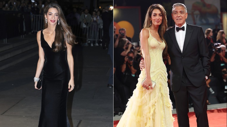 Amal Clooney in a black dress and also in a yellow dress with George Clooney