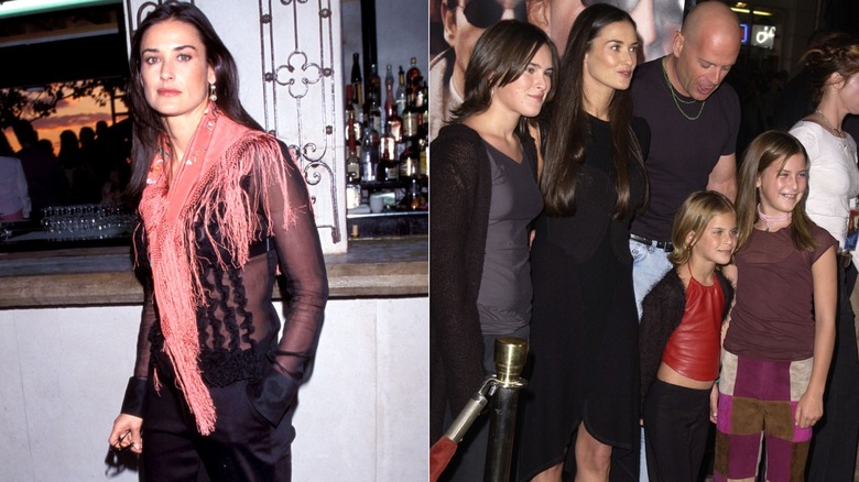 Demi Moore wearing black fashion during the late '90s and early aughts.