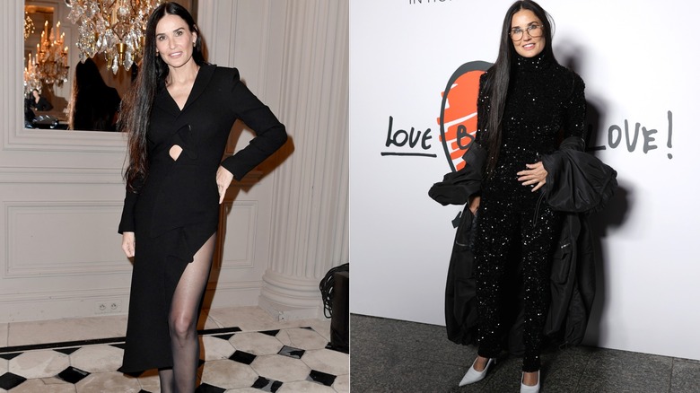 Demi Moore wearing black in 2020 and 2022.