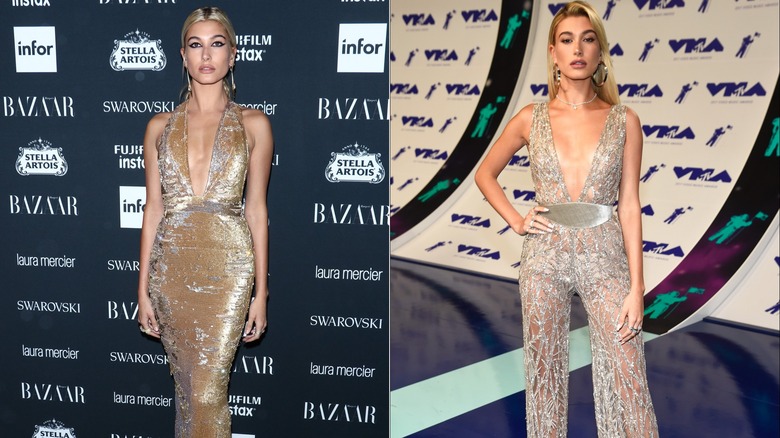 Hailey Bieber's red carpet glitter fashion