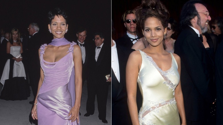 Halle Berry wearing a lavender and yellow satin dress