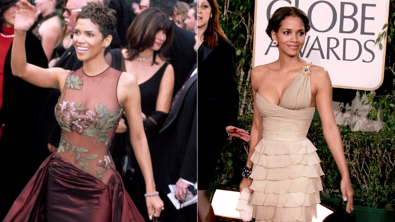 Halle Berry in a sheer dress and beige dress