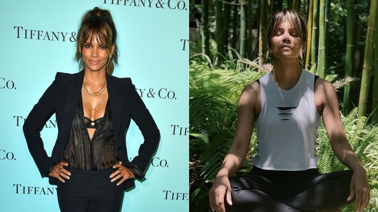 Halle Berry in a black outfit and workout clothes