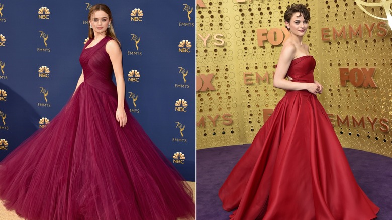 Joey King wearing red gowns