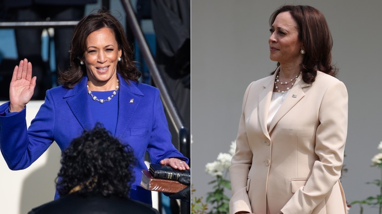 Kamala Harris in blazers with pearls