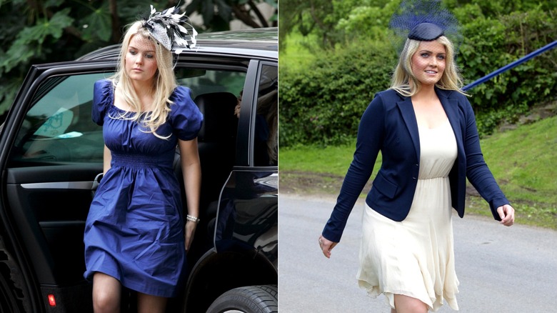 Side-by-side of Lady Kitty Spencer wearing a blue peasant dress and a navy blazer over a white dress.