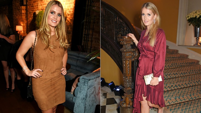 Side-by-side of Kitty Spencer wearing a brown suede dress and a cranberry satin dress.