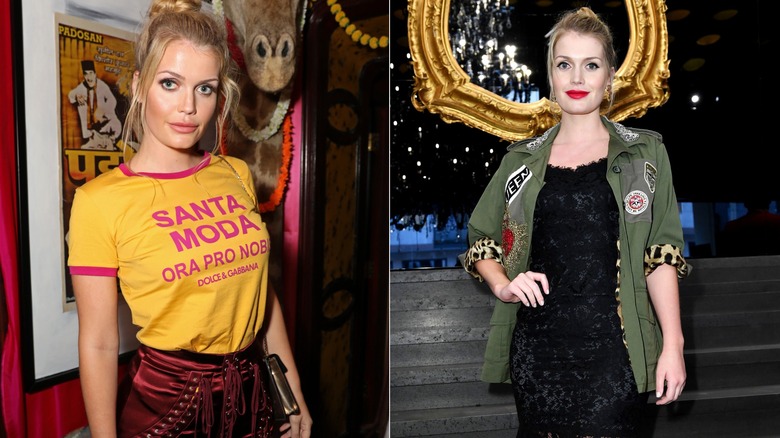 Side-by-side of Kitty Spencer wearing a satin skirt with a ringer tee and a black dress with a patched olive jacket.