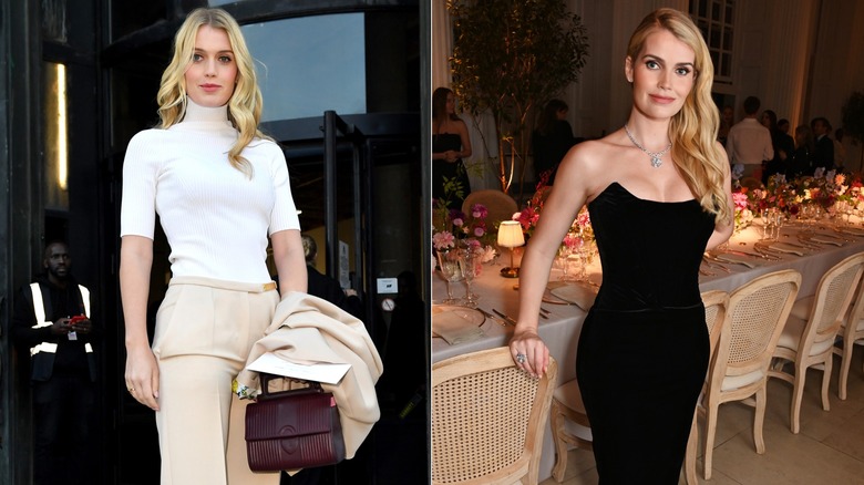 Side-by-side of Kitty Spencer wearing a white turtleneck with khaki trousers and a strapless black sheathe dress.