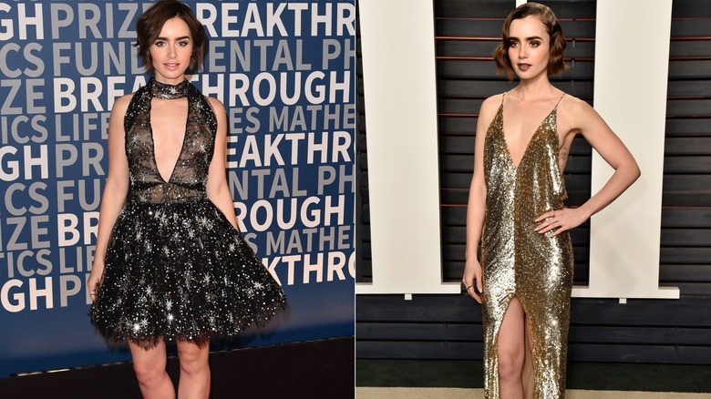 Lily Collins with deep neckline