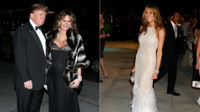 Side-by-side of Melania Trump wearing a fur wrap and an embellished gown in 2005.