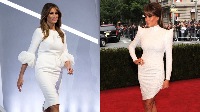 Side-by-side of Melania Trump wearing white dresses in 2016 and 2012.