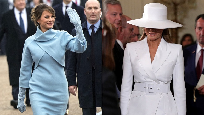 Side-by-side of Melania Trump in a blue dress at Inauguration Day 2017 and in a white suit and hat to meet the French president.