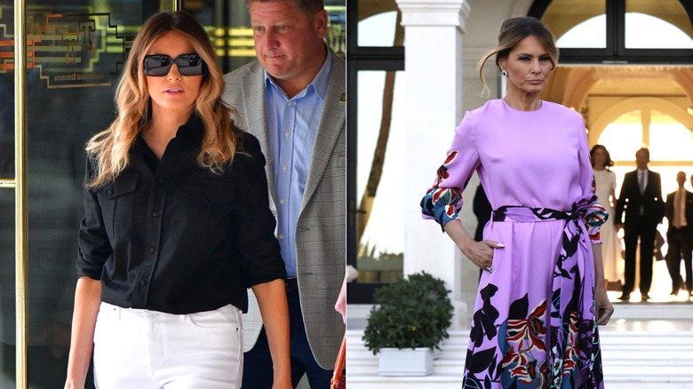 Side-by-side of Melania Trump in a black blouse and white jeans and in a pastel jumpsuit.