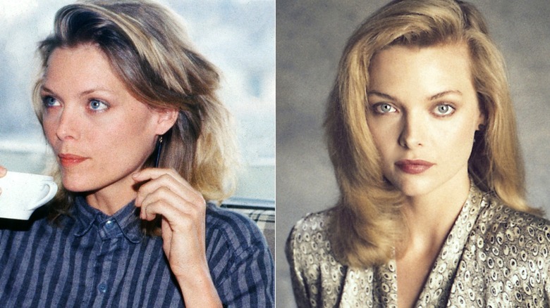 Side-by-side of Michelle Pfeiffer wearing two blouses in the 1980s.